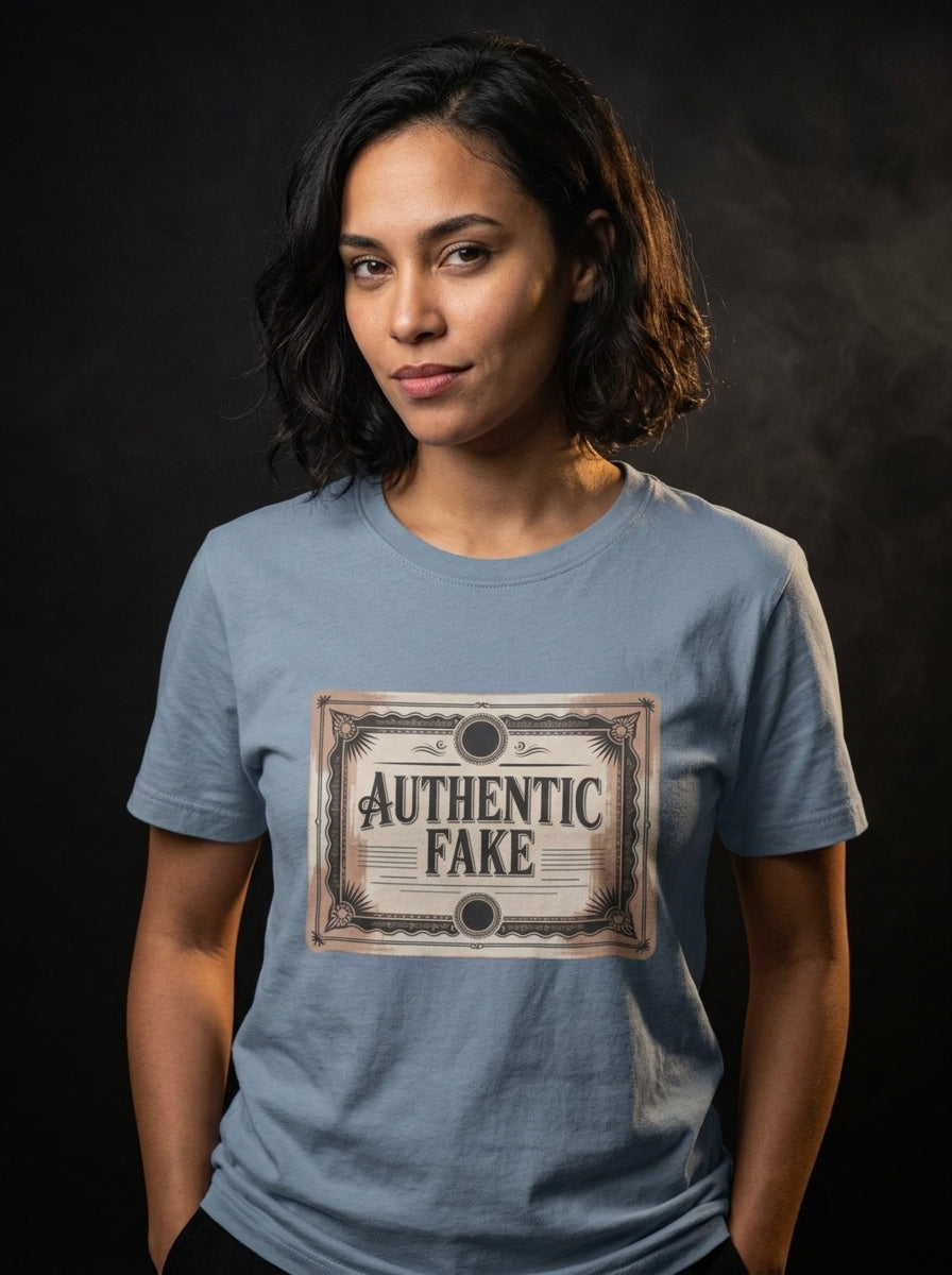 Certified Authentic Fake | Ironic Identity Tee — lifestyle photo