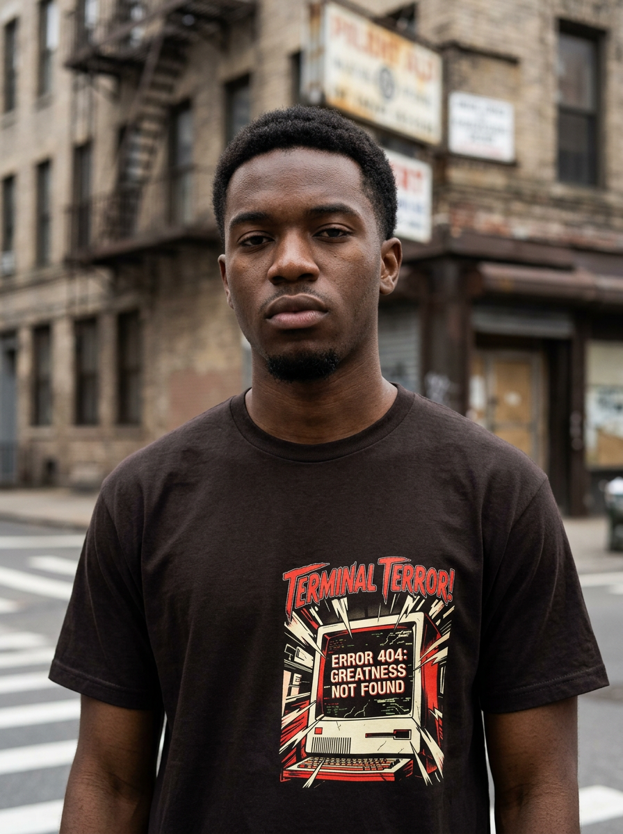 Error 404: Greatness Not Found | Retro Tech Glitch Tee — lifestyle photo