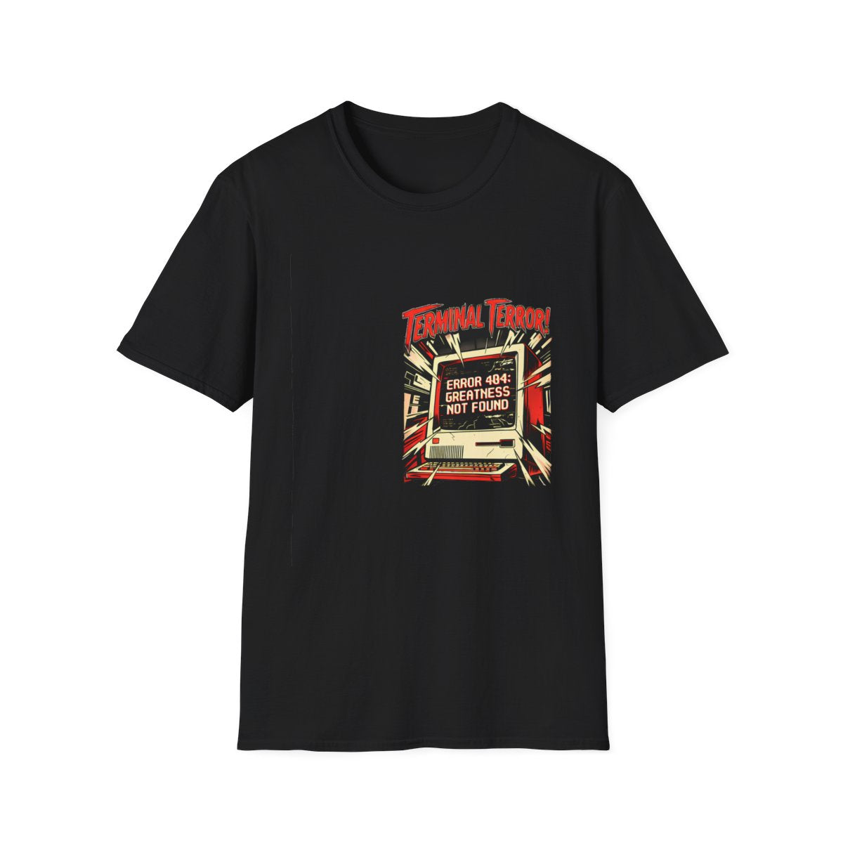 Error 404: Greatness Not Found | Retro Tech Glitch Tee — shirt mockup