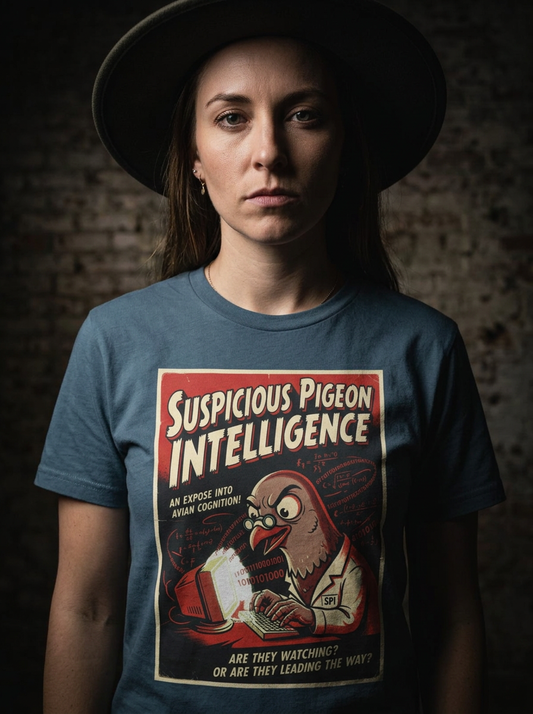 Suspicious Pigeon AI | Funny Animal Tech Shirt — lifestyle photo