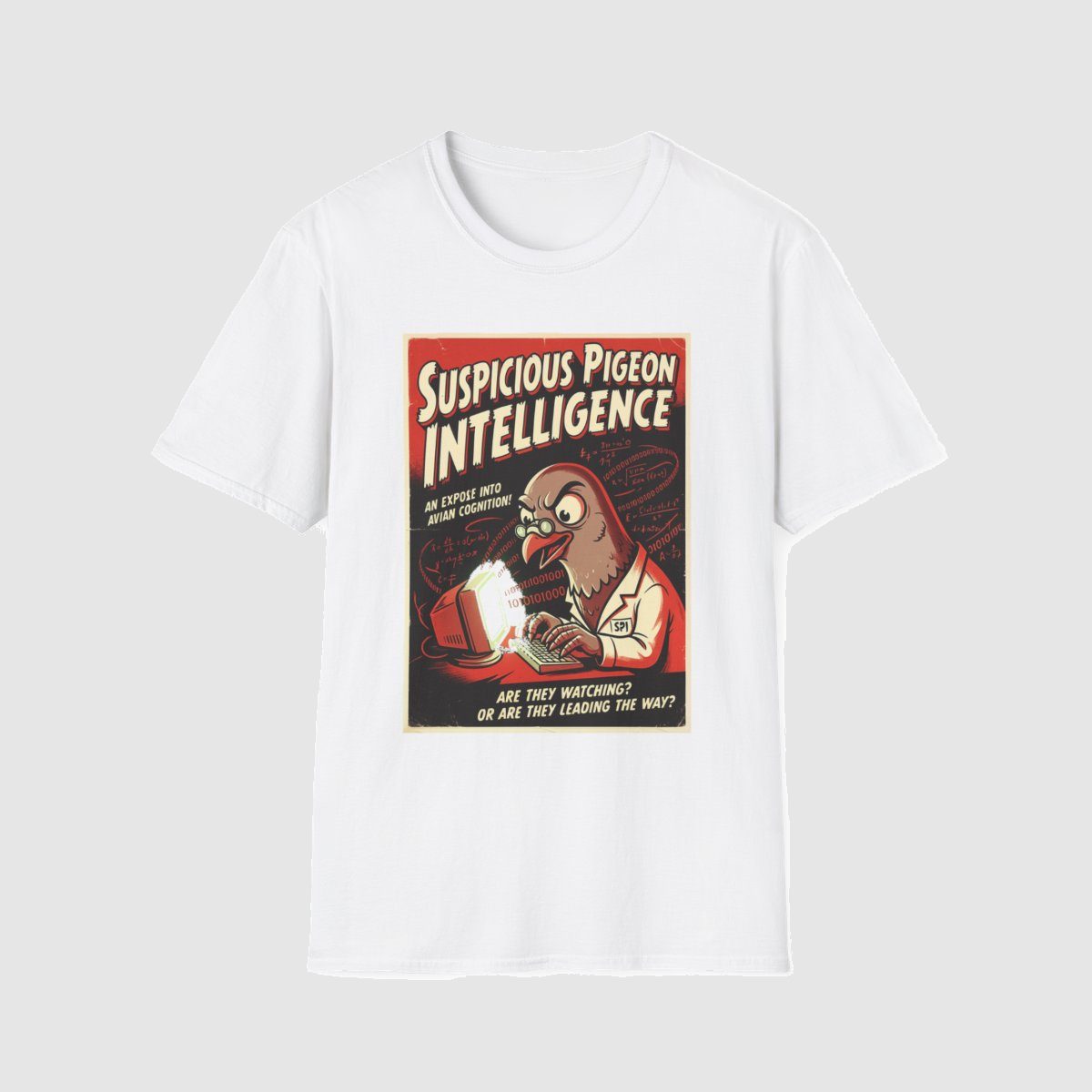 Suspicious Pigeon AI | Funny Animal Tech Shirt — shirt mockup